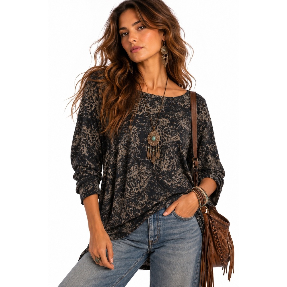 Bryn Walker Paisley Leopard Floral Long Sleeve Top XL Boho Made in USA
